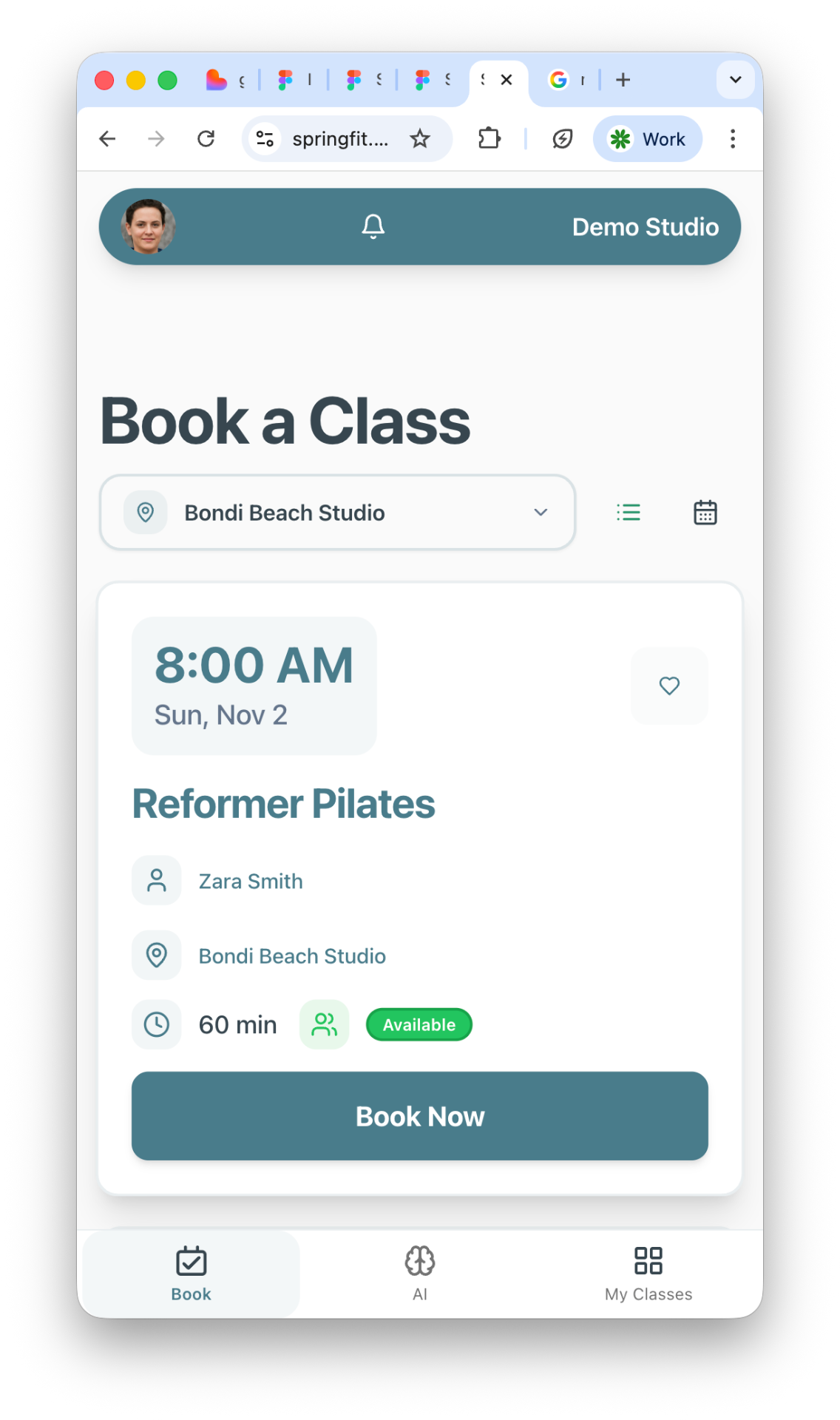 Demo Studio mobile booking screen showing a class and its Book Now action