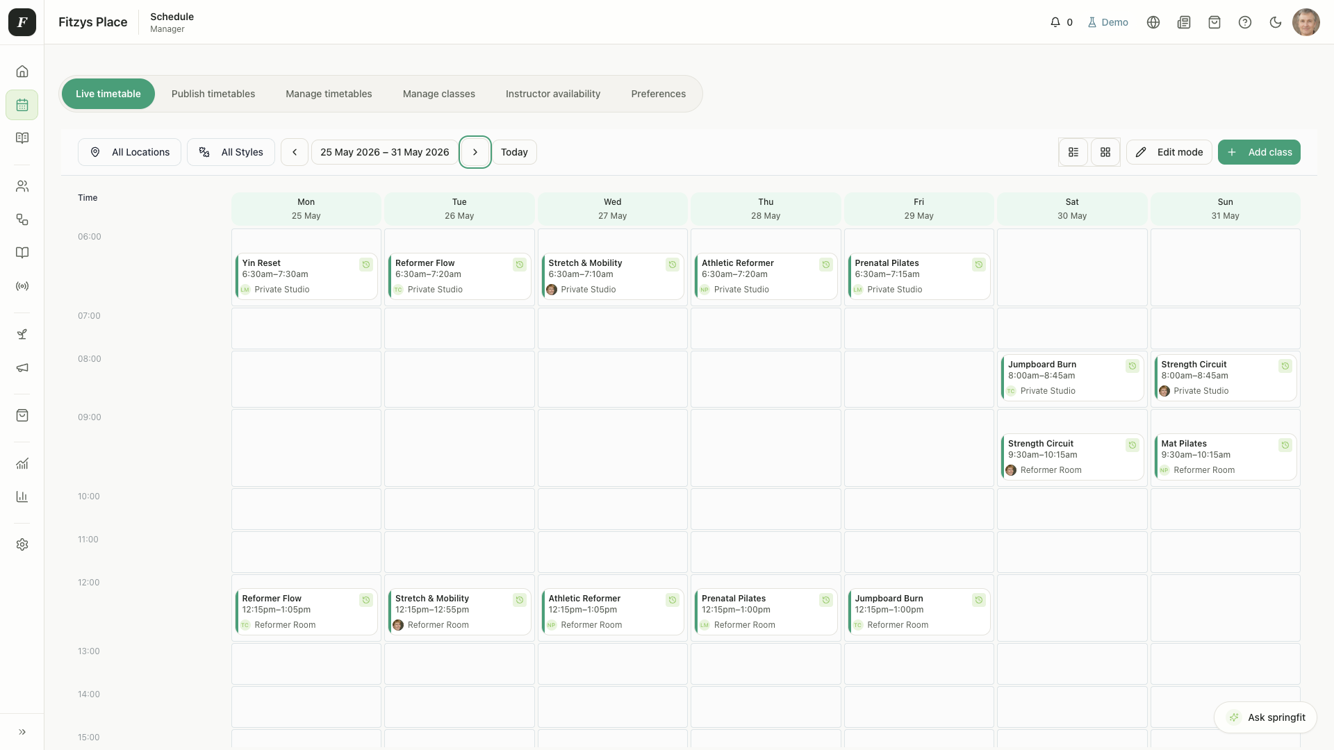 SpringFit desktop timetable screen for managing studio class schedules.